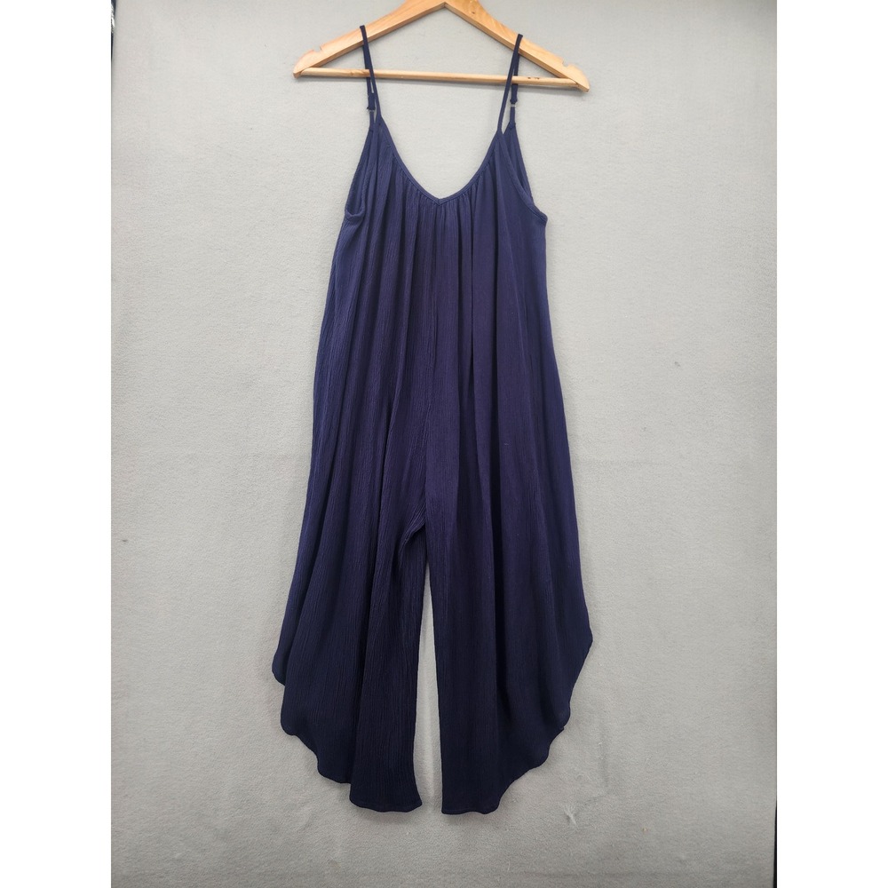 Mahina Navy Blue Gauze Wide Leg Jumpsuit Small Boho Flowy Tulip Hem Rayon Romper